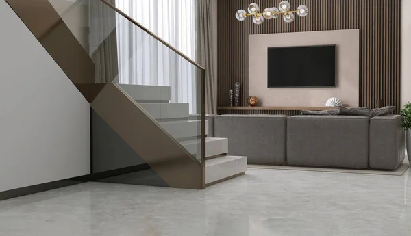 Luxus Moderne Form Granit Steintreppe Gehärtetem Glas Paneel Gold Stahl — Stockfoto