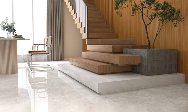 Luxo Piso Mármore Branco Forma Moderna Escada Madeira Cantilever Escada — Fotografia de Stock