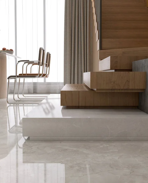 Luxo Piso Mármore Branco Moderno Forma Madeira Cantilever Escadaria Escada — Fotografia de Stock