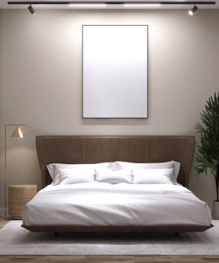 Zarif, lüks bej yatak odası büyük kahverengi deri yatak odası, beyaz battaniye, yastık, ahşap yan masa, altın zemin lambası, iç dekorasyon için yeşil ağaç arka plan 3D