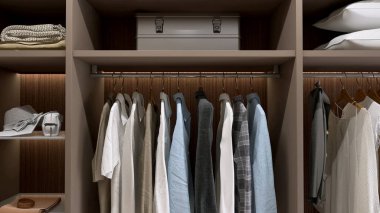Modern, lüks kahverengi, dolap dolabında yürümek, ahşap raf, çekmece, temiz, düzenli gömlek, bluz, iç tasarım için depolama kutusu, moda, yaşam tarzı ürünü arka plan 3 boyutlu gizli ışık