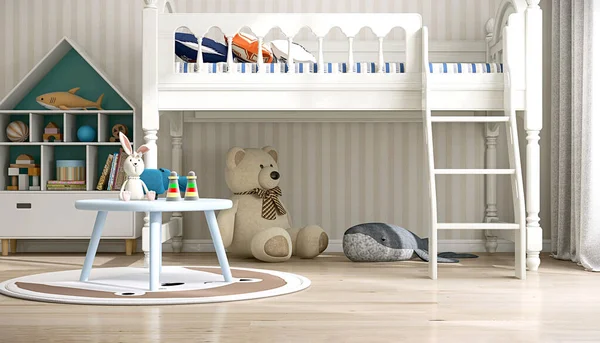青い小さい子供のテーブル おもちゃ 家の形の棚 熊の人形 ベージュの白いストライプの壁紙の子供のインテリアの設計寝室の背景3Dの日光のヴィンテージ様式の白いロフトの二段ベッド — ストック写真