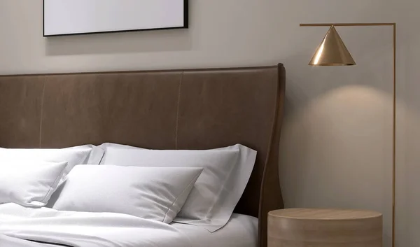 Luxus Minimaler Runder Hölzerner Nachttisch Goldene Stehlampe Braunes Kopfteil Bett — Stockfoto
