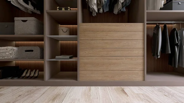 Moderne Luxuriöse Braune Einbauschränke Begehbarer Kleiderschrank Auf Parkettboden Holzregal Schublade — Stockfoto