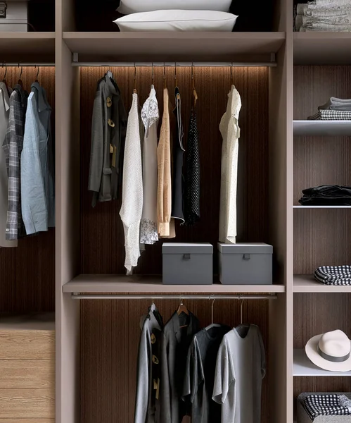 Moderne Luxuriöse Braune Einbauschränke Begehbarer Kleiderschrank Holzregal Schublade Verstecktes Licht — Stockfoto