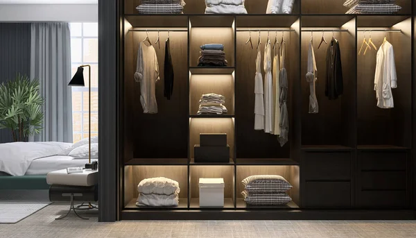 Moderne Luxuriöse Braune Holzeinbauschränke Begehbarer Kleiderschrank Auf Teppichboden Schlafzimmer Regal — Stockfoto