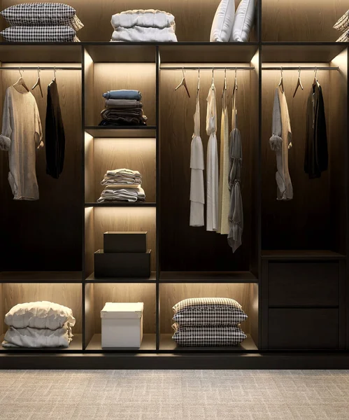 Moderne Luxuriöse Braune Holzeinbauschränke Begehbarer Kleiderschrank Auf Teppichboden Schlafzimmer Regal — Stockfoto