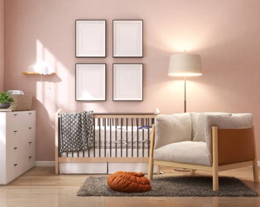Dört boş fotoğraf çerçevesi beyaz mat, siyah kenar, lüks içinde, pembe rahat bebek odası, tahta bebek karyolası, tüylü koltuk çocuk iç mimarisi için güneş ışığı altında tüylü halı.