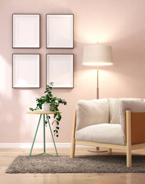 Dört boş fotoğraf çerçevesi, beyaz mat, oturma odasında pembe duvarda siyah kenar, tüylü halıda koltuk, yan masa, parke zeminde güneş ışığında yer lambası. Sanat, resim şablonu arkaplan 3 boyutlu