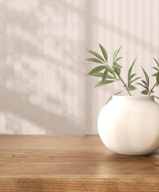 Boş kahverengi ahşap tezgah masası, yumuşak güneş ışığında krem vazoda bambu, lüks kozmetik, cilt, güzellik, vücut bakım ürünleri arka planı 3 boyutlu bej desenli duvar kağıdı yaprağı gölgesi.