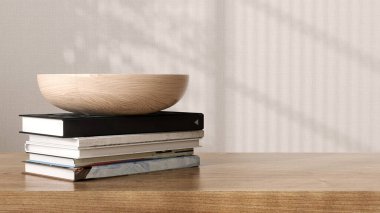 Boş kahverengi ahşap tezgah masası, yumuşak güneş ışığı kitabı, bej desenli duvar kâğıdı üzerine yaprak gölgesi lüks organik kozmetik, cilt bakımı, güzellik, vücut bakımı, tedavi ürünleri arka planı 3D