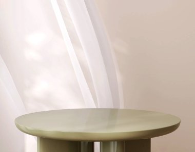 Boş, modern, parlak, yeşil, yeşil, podyum kenarlı masa, bej duvarda güneş ışığı perdesi, kozmetik, cilt bakımı, güzellik, moda ürünleri arka planı 3 boyutlu.