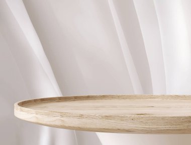 Lüks kozmetik, cilt bakımı, güzellik bakımı, moda ürünleri arka planı 3D için güneş ışığı altında yumuşak beyaz perdelerle boş, yuvarlak, ahşap bir kürsü masası.