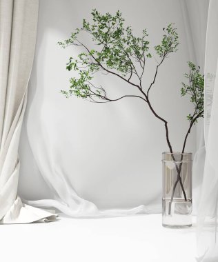 Boş beyaz tezgah masası, yumuşak, pürüzsüz kumaş, bej kumaş örtüsü, güneş ışığında ağaç dalı cam vazo lüks kozmetik, cilt bakımı, güzellik tedavisi, moda ürünleri arka planı 3D