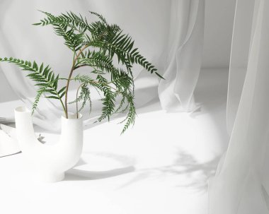 Boş beyaz tezgah masası, yumuşak üflemeli kumaş örtüsü, modern seramik vazoda yeşil tropikal eğrelti otu lüks kozmetik, cilt bakımı, güzellik, moda ürünleri arka planı 3 boyutlu.