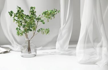Boş beyaz tezgah masası, yumuşak, pürüzsüz üflemeli kumaş perde örtüsü, güneş ışığında ağaç dalı cam vazo lüks kozmetik, cilt bakımı, güzellik tedavisi, moda ürünleri arka planı 3D