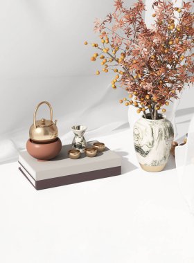 Boş beyaz tezgah masası, kitap, pirinç çaydanlık, mermer vazoda kuru buket, lüks Asya, Çin ve Japon ürünleri için güneş ışığında yumuşak pürüzsüz kumaş perde 3 boyutlu arkaplan