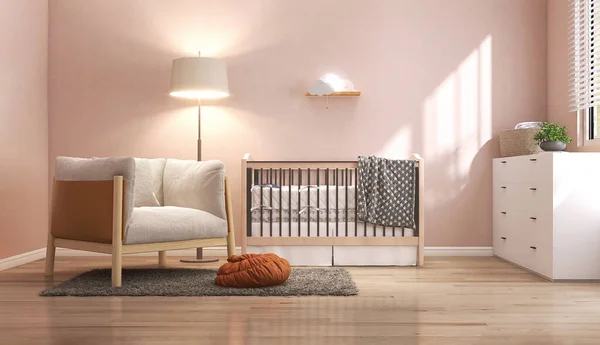 Luxus Gemütliches Kinderzimmer Hölzernes Babybett Pelzsessel Auf Shag Teppich Weiße — Stockfoto