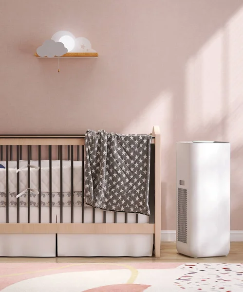 White modern design air purifier, dehumidifier by baby crib cot in pastel pink toddler bedroom, cute shag rug in sunlight from window. Clean fresh air, healthcare, health technology background 3D