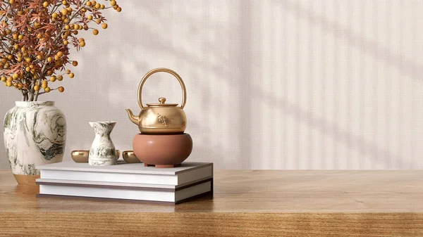 Blanker Brauner Holztisch Buch Chinesische Teekanne Teetasse Trockener Strauß Der — Stockfoto