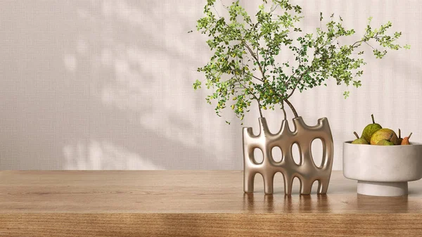 Blanker Brauner Holztisch Grüner Baumzweig Gold Moderne Design Vase Sonnenlicht — Stockfoto