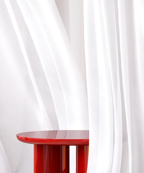 Mesa Lateral Redonda Vermelha Brilhante Moderna Vazia Pódio Cortinas Cortina — Fotografia de Stock
