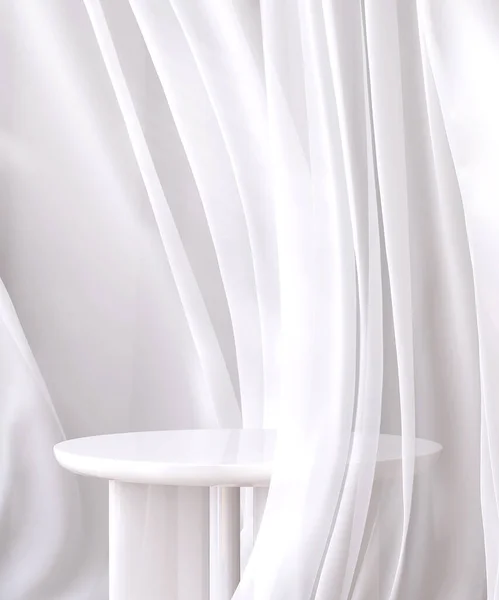 Empty Modern Glossy White Podium Side Table Soft Blowing Drapery — Stock Photo, Image