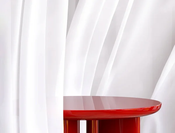 Empty Modern Glossy Red Podium Side Table Soft White Blowing — Stock Photo, Image