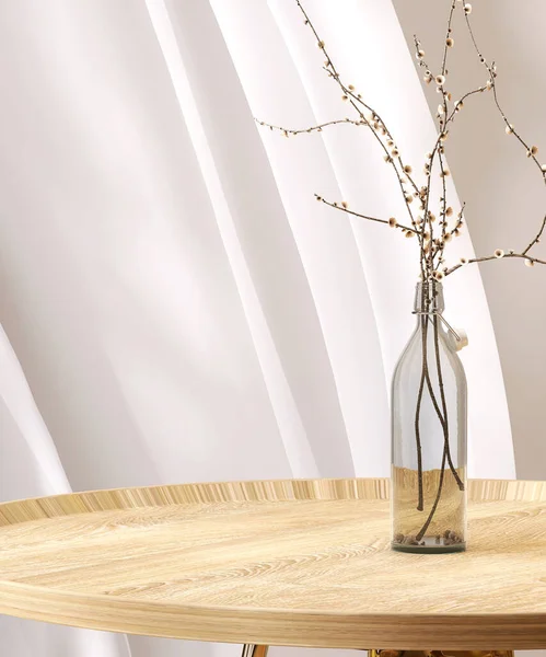 空的现代天然木制圆形讲台侧桌 花卉玻璃瓶瓶 柔和的白色防晒窗帘在阳光下奢华的化妆品 时尚产品展示背景3D — 图库照片