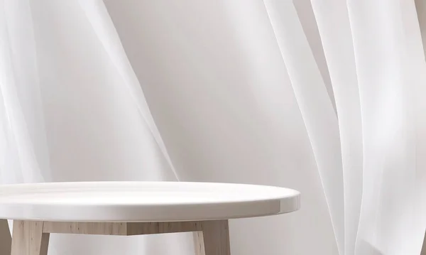 Empty Modern Glossy White Podium Side Table Wood Leg Soft — Stock Photo, Image