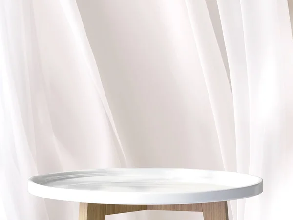 Mesa Lateral Redonda Branca Lustrosa Moderna Vazia Pódio Perna Madeira — Fotografia de Stock