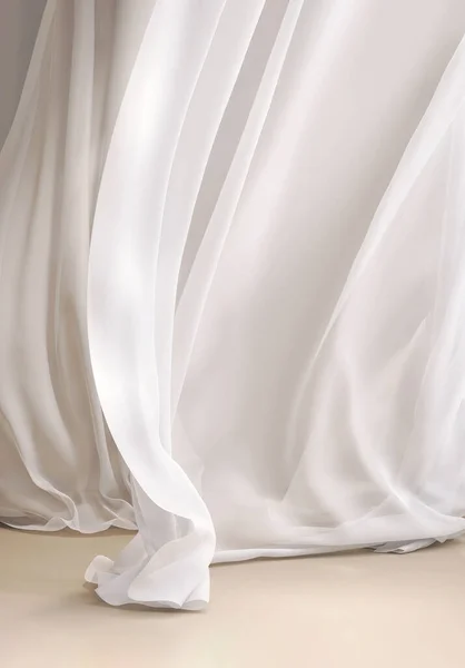Soothing, mesmerizing wavy harmony movement of layer of blowing white, beige silky smooth sheer fabric cloth curtain in soft beautiful light on brown floor stage. Beauty, fashion product background 3D