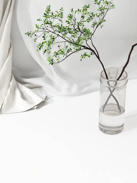 Leerer Weißer Arbeitstisch Weicher Glatter Transparenter Stoff Beigefarbener Tuchvorhang Baumzweigggvase — Stockfoto