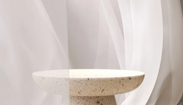 Leere Moderne Runde Creme Terrazzo Podium Beistelltisch Weichem Weiß Weht — Stockfoto