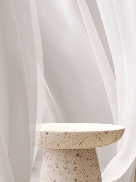 Leere Moderne Runde Creme Terrazzo Podium Beistelltisch Weichem Weiß Weht — Stockfoto