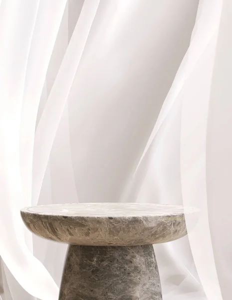 Leere Minimale Runde Graue Marmor Podium Beistelltisch Weichem Weiß Weht — Stockfoto