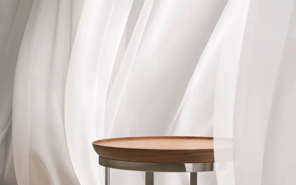 Boş Modern Tik Ağacından Yapılma Podyum Masası Yumuşak Üflemeli Perde — Stok fotoğraf