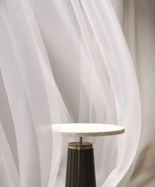 Empty luxury round marble podium side table, gold steel leg in soft smooth white beige blowing sheer curtain drape in sunlight for cosmetic, skincare, beauty, fashion product display background 3D