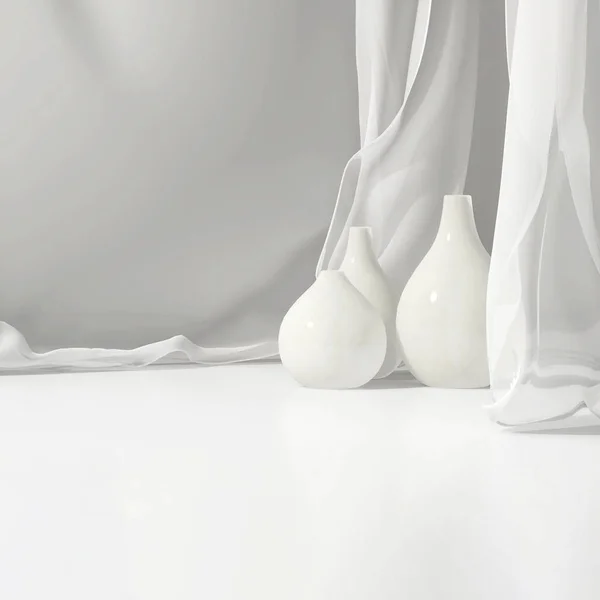 Empty White Counter Table Three Droplet Bottle Ceramic Vase Soft — Stock Photo, Image