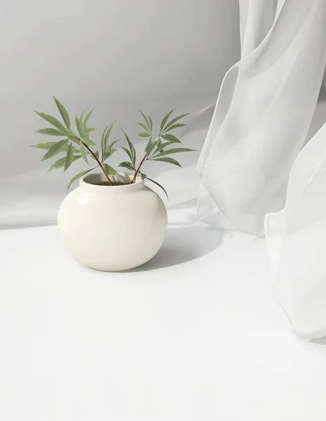 Empty White Counter Table Fresh Green Bamboo Cream Ceramic Vase — Stock Photo, Image