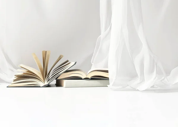 Empty White Counter Table Three Books Open Close Soft Smooth — Stock Photo, Image