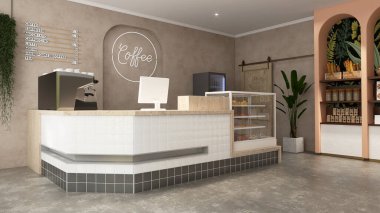 Modern, lüks tropikal tasarım kafe, espresso makineli ahşap tezgah, pasta dolabı, dolap, atıştırmalık raf, bej kahverengi duvar, beton zemin üzerine güneş ışığında bitki. İç arkaplan 3B