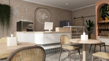 Modern, lüks tropikal tasarım kafe, sayaç, espresso makinesi, pasta dolabı, rattan sandalye, açık hava bahçesinden güneş ışığında kahve masası bej kahverengi duvar, çimento zemin. Arkaplan 3B