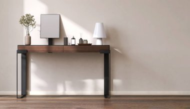 Modern, gösterişli, asgari ahşap tuvalet masası, siyah çelik bacak, gösterişli ayna, bej duvar odasında vazoda lamba ve buket lüks güzellik için güneş ışığı, kozmetik, makyaj ürünü arka plan 3 boyutlu