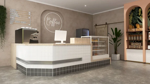 Modern, luxury tropical design cafe, wooden counter with espresso machine, cake display fridge, cabinet, snack shelf, plant in sunlight on beige brown stucco wall, cement floor. Interior background 3D