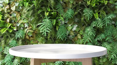 Boş, modern, parlak, yuvarlak podyum masası, yeşil, tropikal, bereketli bitki örtüsü içinde tahta bacak lüks organik kozmetik, cilt bakımı, güzellik tedavisi doğa ürünü arka plan 3 boyutlu.