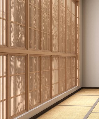 Ahşap Shoji kör penceresinde ağaç yapraklarının güzel gölgesi Tatami paspas zeminli geleneksel Japon odasında, Asya iç mimarisi için bej duvar, mimari, ürün arka planı 3D