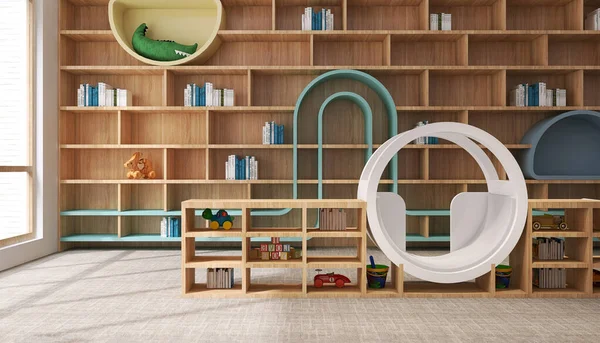 Playful, colorful kindergarten playroom or Montessori school classroom with wooden wall book shelf, carpet floor in sunlight from window for fun learn childhood education interior design background 3D