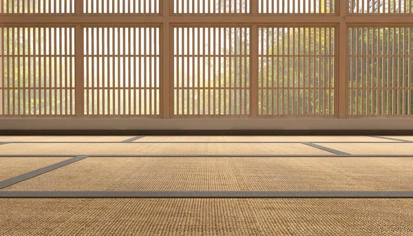 Japon Tatami Paspas Zeminini Kapatın Güneş Işığında Ahşap Çerçeve Shoji — Stok fotoğraf