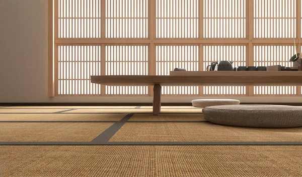 传统的日本折叠米垫子地板 木制花冠短腿餐桌 圆形的袋状座椅 黑色茶壶 阳光下的幕布窗 亚洲室内设计装饰 产品展示背景3D — 图库照片
